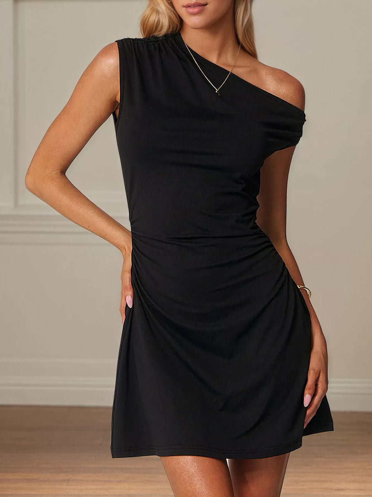 One-Shoulder Ruched Bodycon Mini Dress Black / S