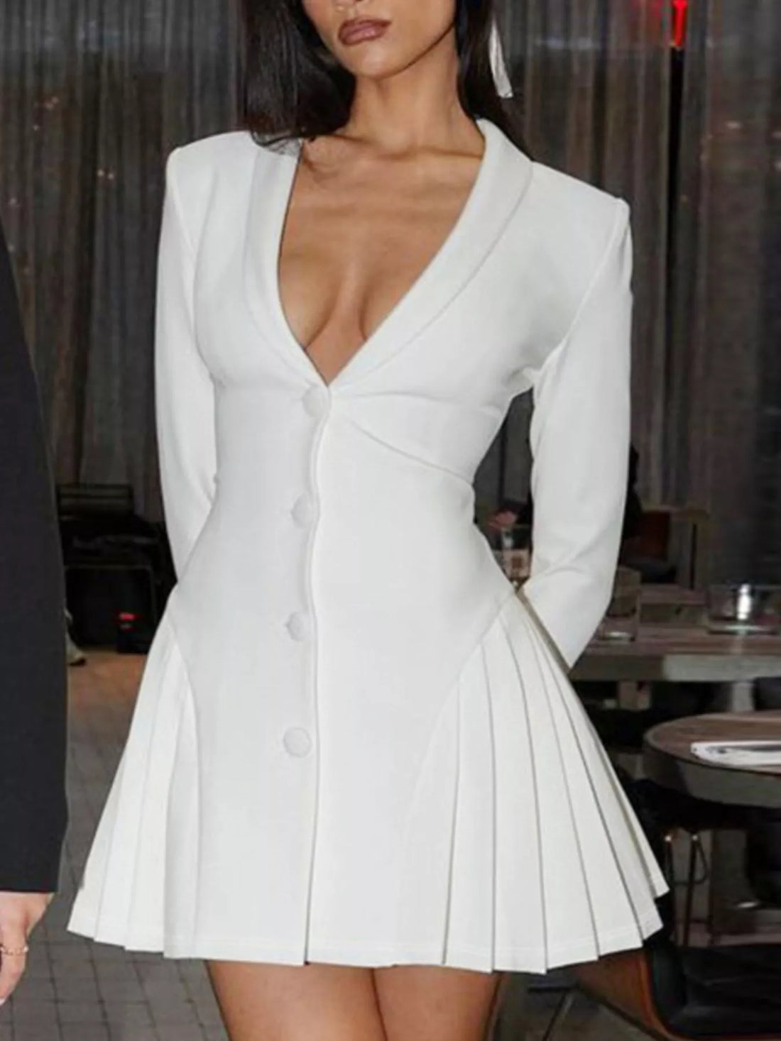 Pleated Button-Down Blazer Mini Dress White / S
