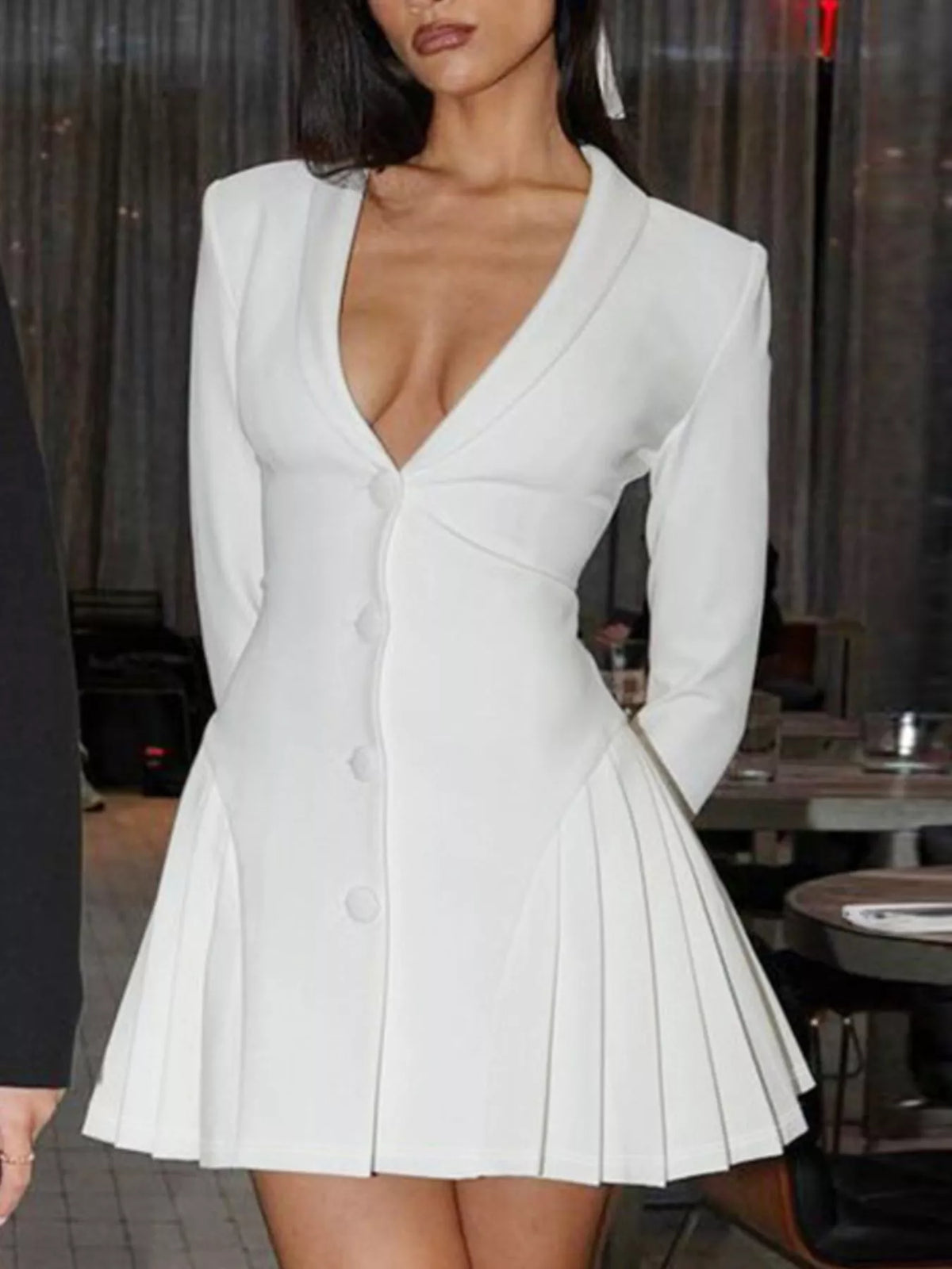 Pleated Button-Down Blazer Mini Dress White / S