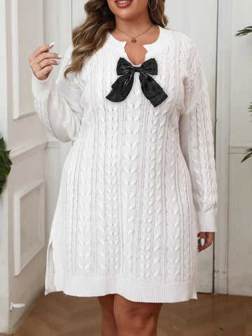Plus-Size Cable-Knit Bow Sweater Dress White / L