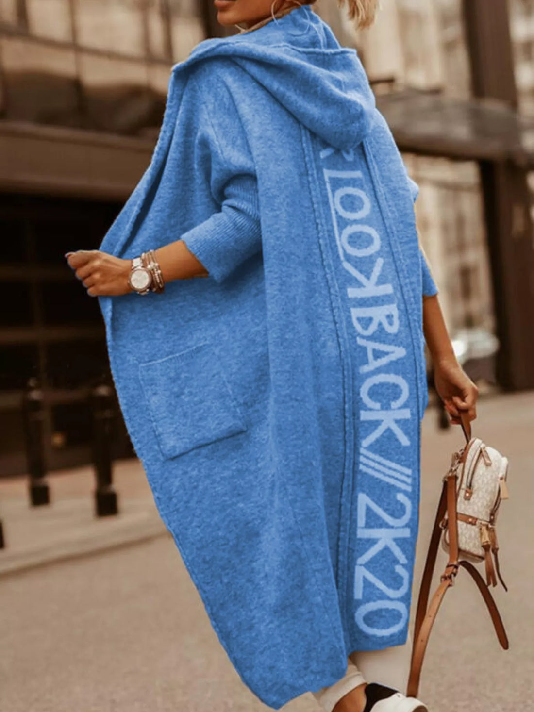 Plus Size Letter Back Hooded Cardigan Blue / S