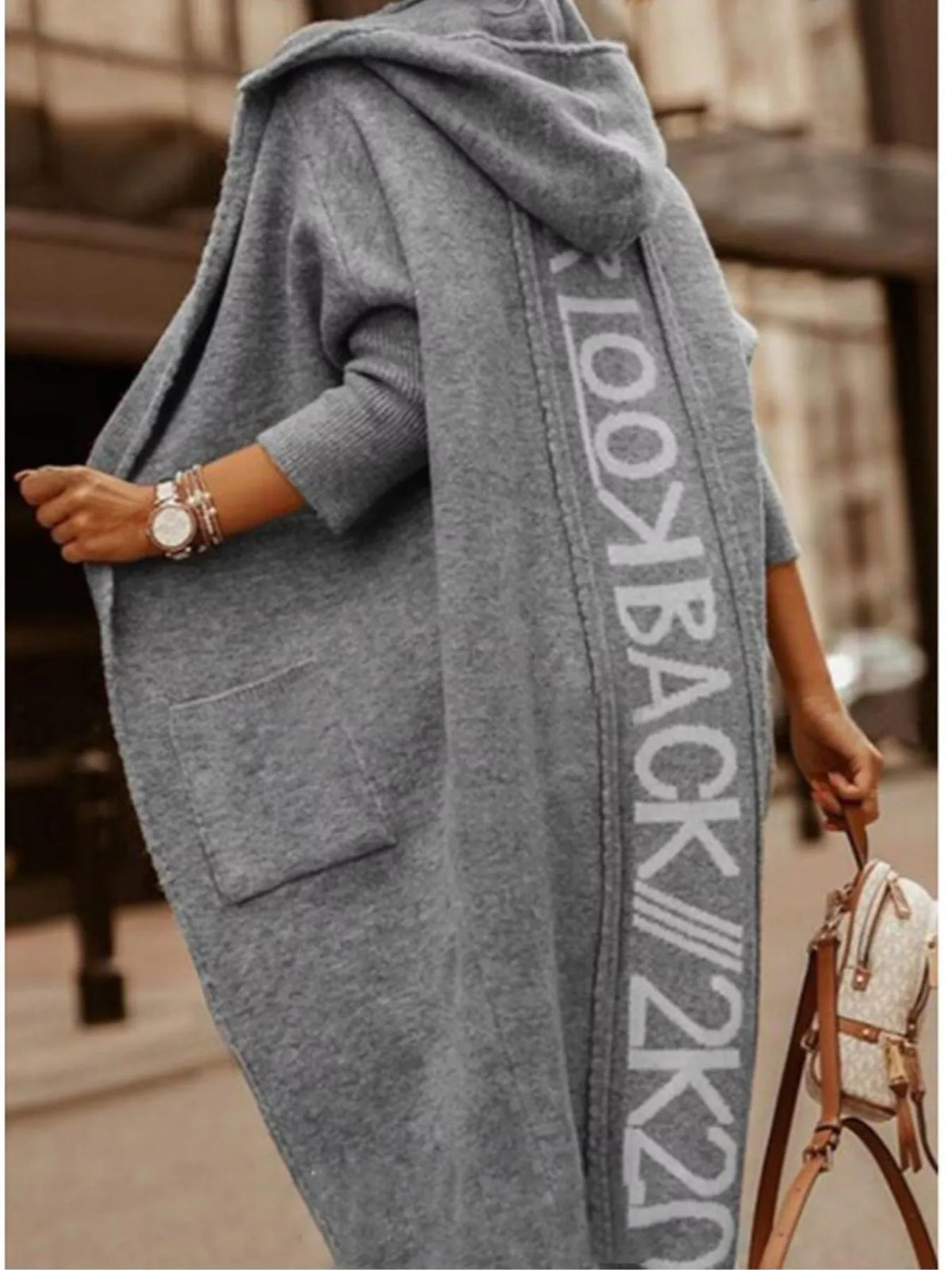 Plus Size Letter Back Hooded Cardigan Dark Gray / S