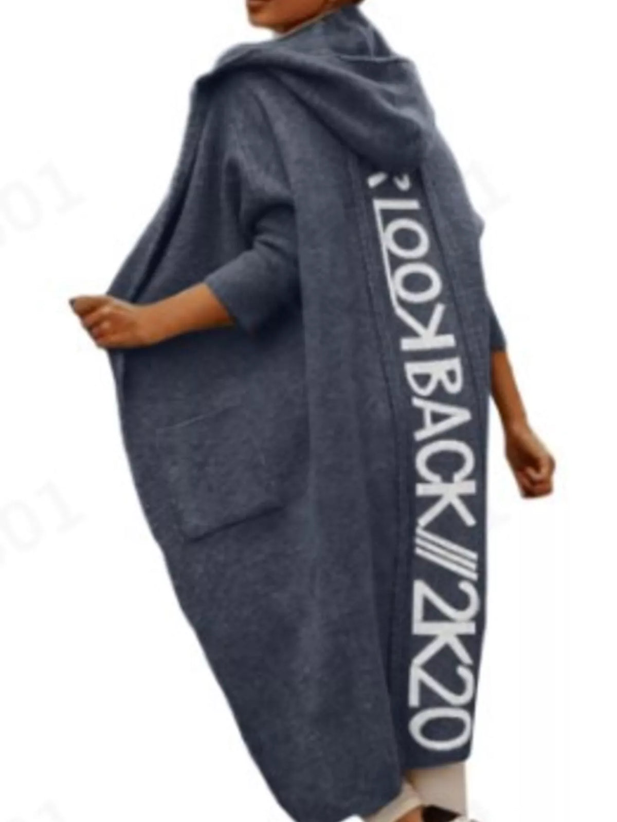 Plus Size Letter Back Hooded Cardigan French Blue / S