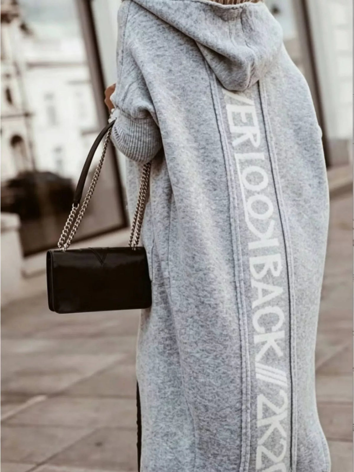 Plus Size Letter Back Hooded Cardigan Grey / S