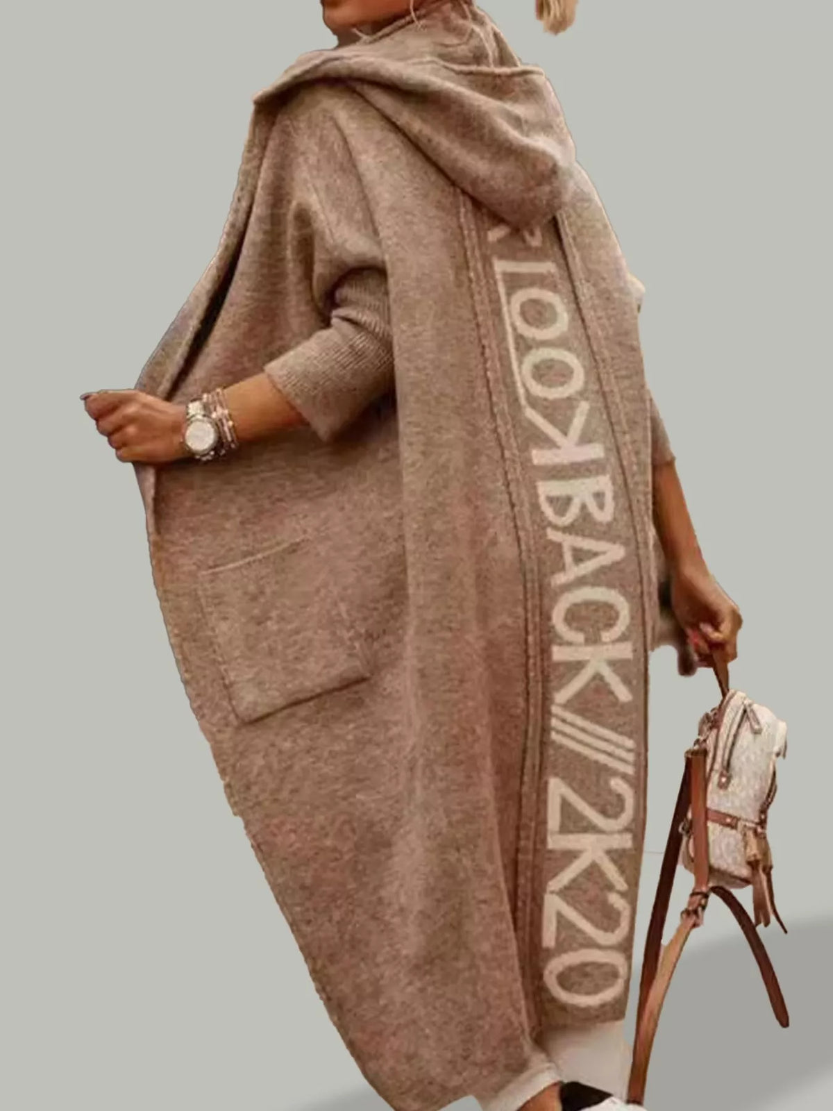 Plus Size Letter Back Hooded Cardigan Light Brown / S