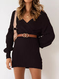 Plus Size V-Neck Lantern Sleeve Sweater Dress Black / S
