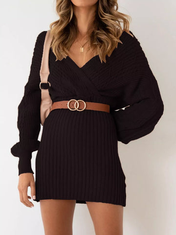 Plus Size V-Neck Lantern Sleeve Sweater Dress Black / S