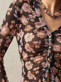 Printed Flare Sleeve Button-Down Top