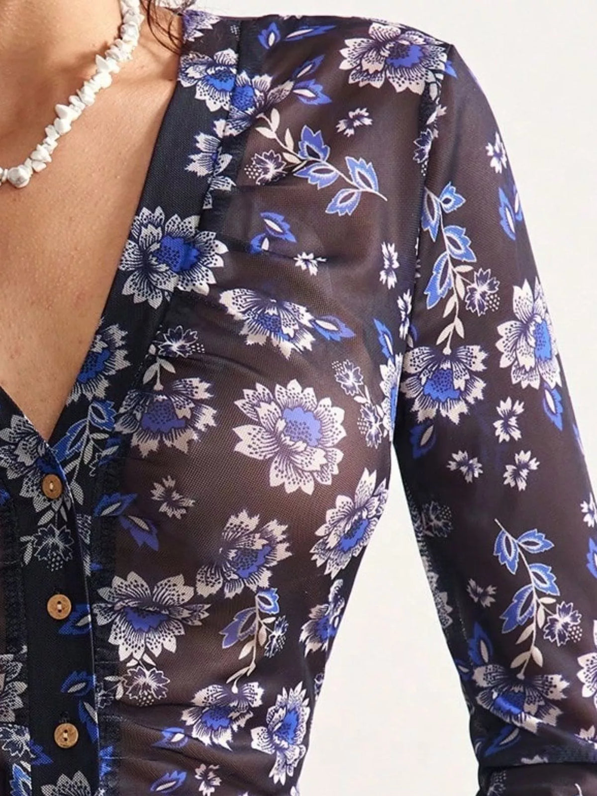 Printed Flare Sleeve Button-Down Top