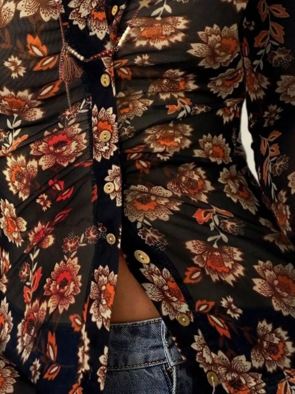 Printed Flare Sleeve Button-Down Top