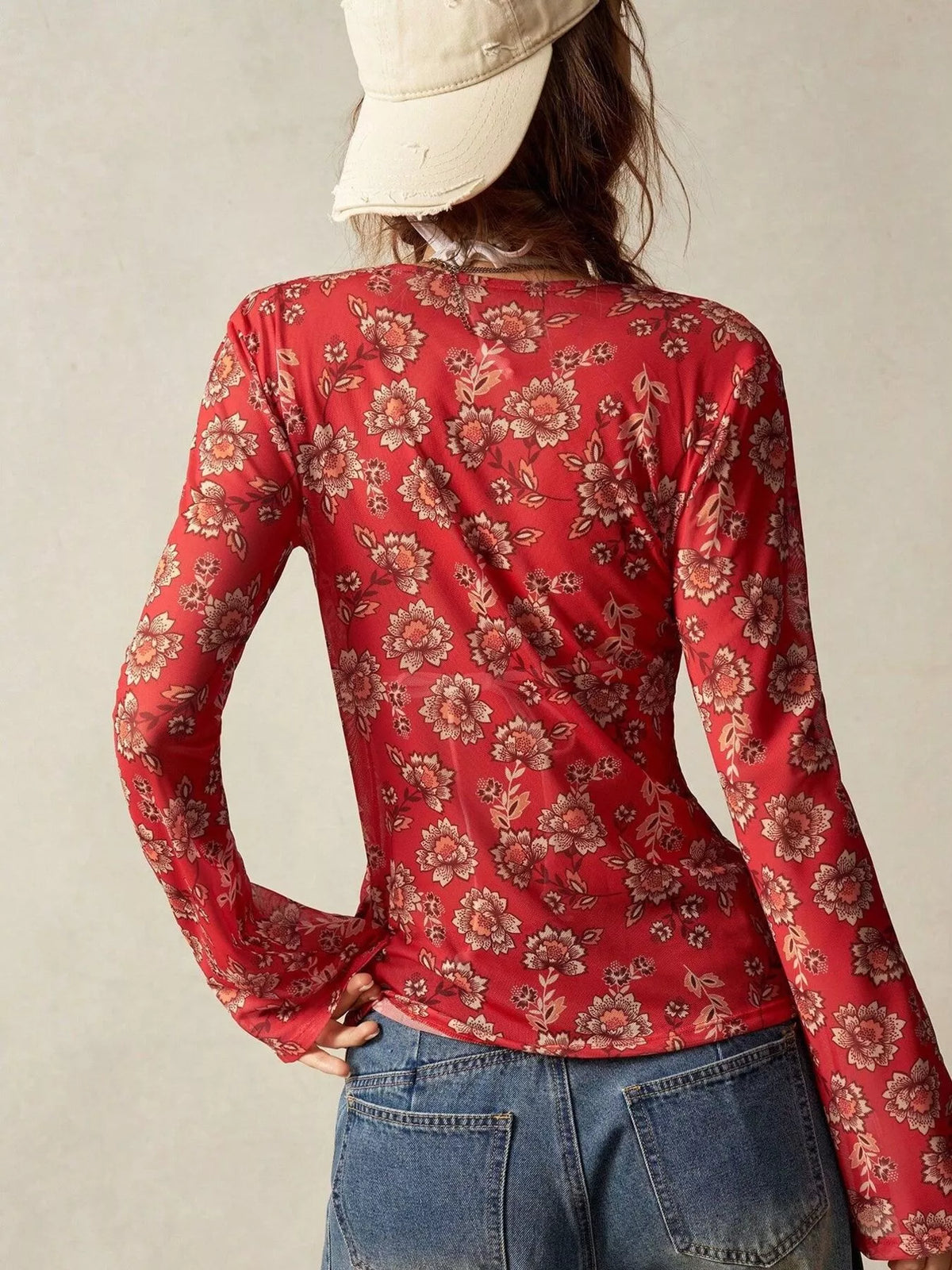 Printed Flare Sleeve Button-Down Top
