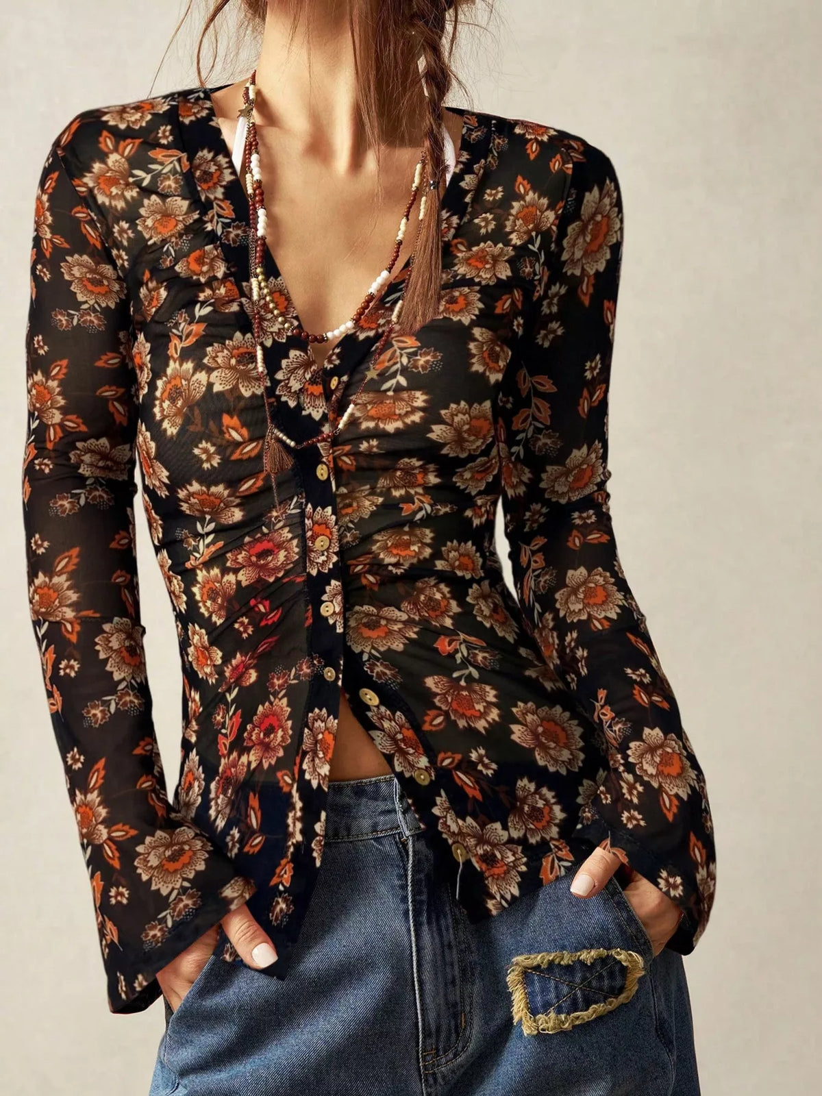 Printed Flare Sleeve Button-Down Top Black / S