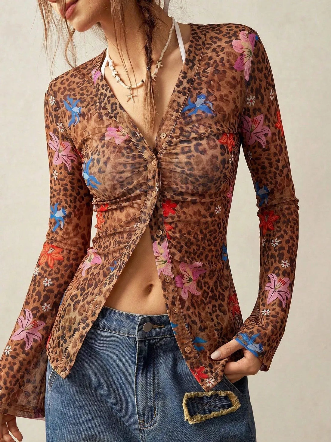 Printed Flare Sleeve Button-Down Top Brown / S