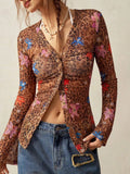 Printed Flare Sleeve Button-Down Top Brown / S
