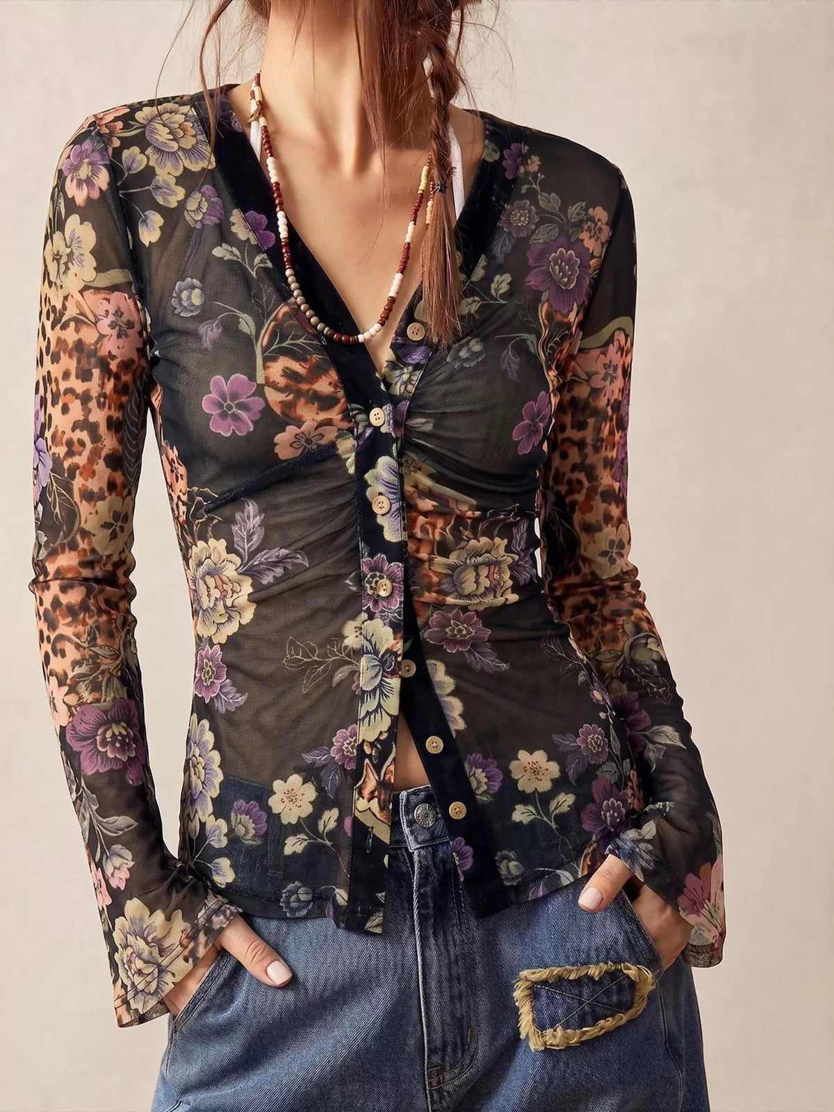 Printed Flare Sleeve Button-Down Top Leopard / S