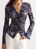 Printed Flare Sleeve Button-Down Top Peacock  Blue / S