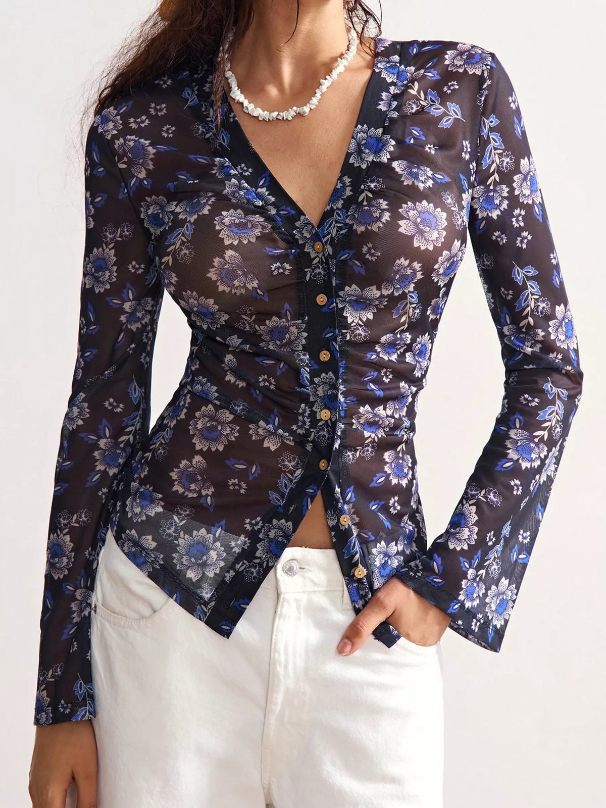 Printed Flare Sleeve Button-Down Top Peacock  Blue / S