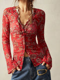 Printed Flare Sleeve Button-Down Top Scarlet / S