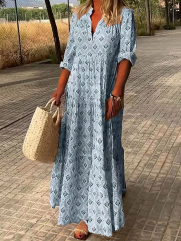 Printed Notched-Neck Tiered Maxi Dress Blue / S
