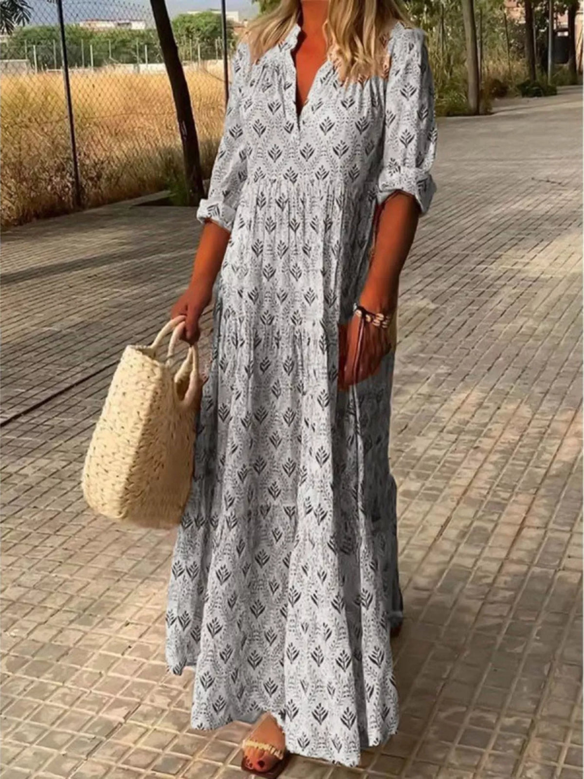 Printed Notched-Neck Tiered Maxi Dress Gray / S