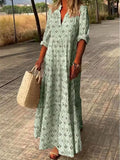 Printed Notched-Neck Tiered Maxi Dress Green / S