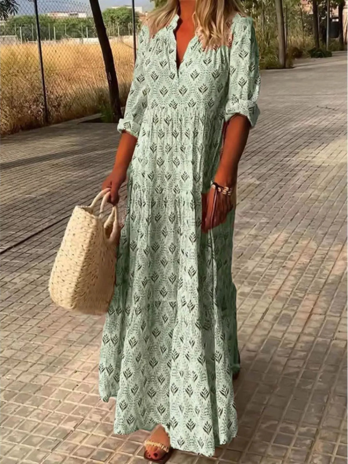 Printed Notched-Neck Tiered Maxi Dress Green / S