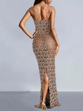 Rhinestone Sheer Mesh Evening Maxi Dress