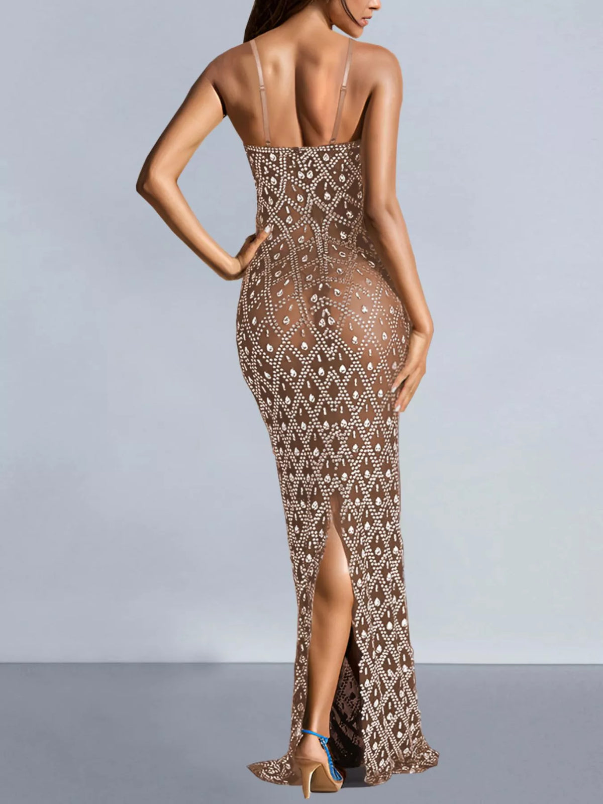 Rhinestone Sheer Mesh Evening Maxi Dress