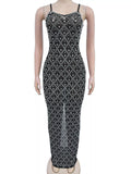 Rhinestone Sheer Mesh Evening Maxi Dress