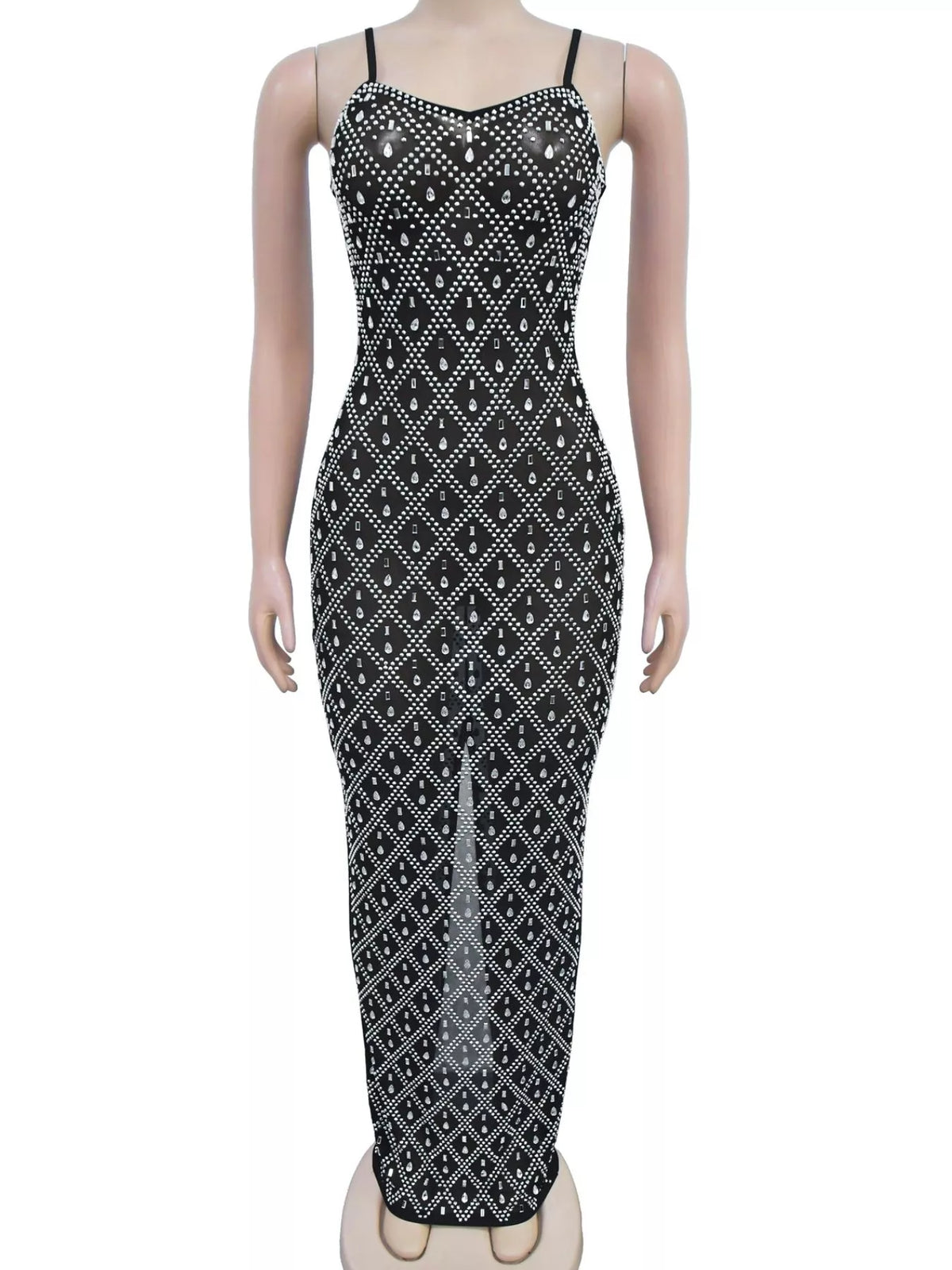 Rhinestone Sheer Mesh Evening Maxi Dress