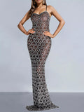 Rhinestone Sheer Mesh Evening Maxi Dress Black / S