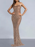 Rhinestone Sheer Mesh Evening Maxi Dress Khaki / S