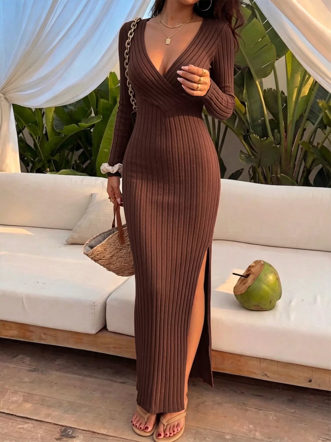 Ribbed Knit Long-Sleeve Slit Maxi Dress Coffee Brown / S