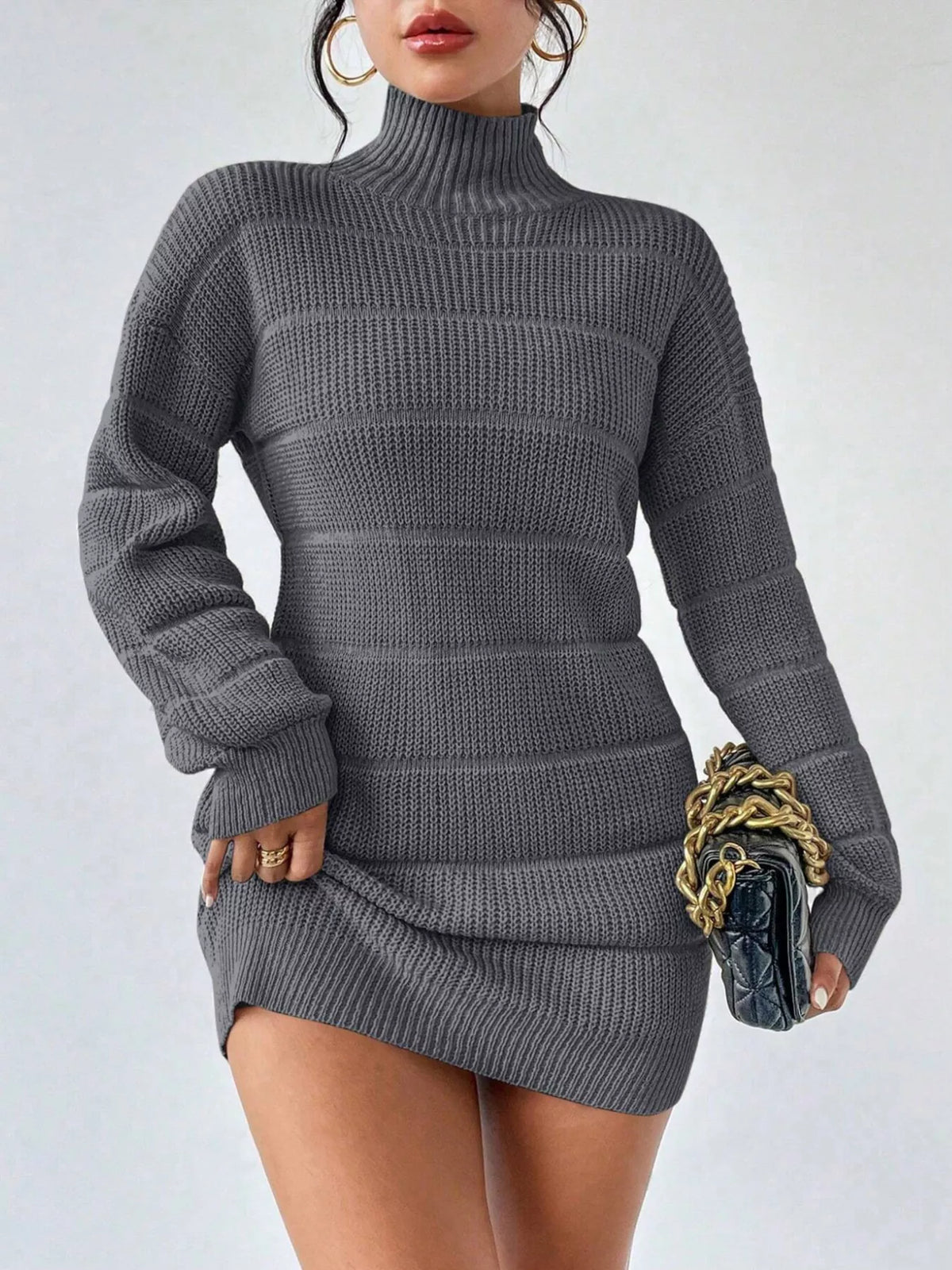 Ribbed Turtleneck Long Sleeve Sweater Dress Dark Gray / S