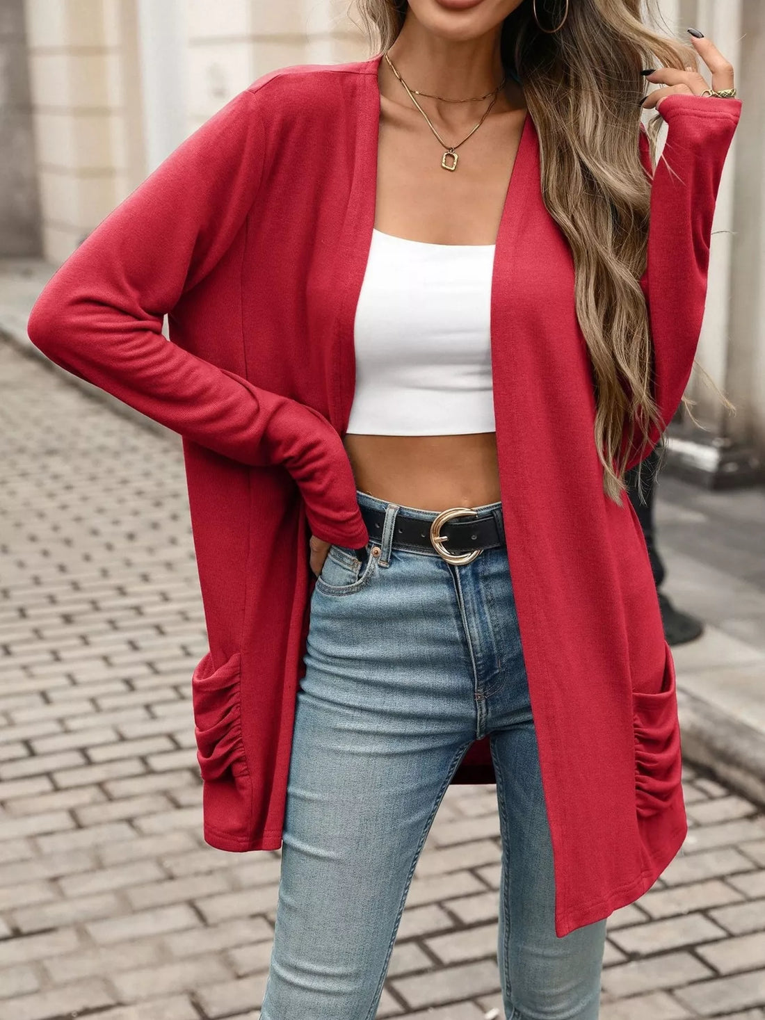 Ruched Open-Front Cardigan with Pockets Red / S