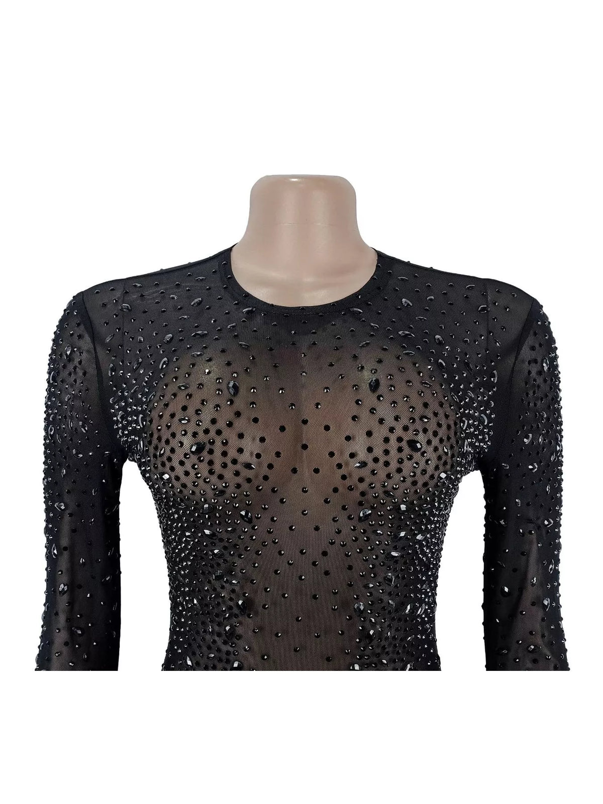 Sheer Mesh Rhinestone Long Sleeve Evening Dress