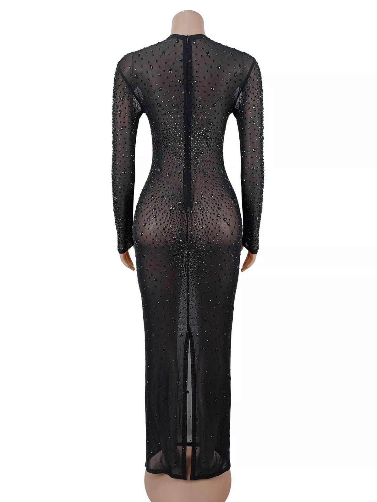 Sheer Mesh Rhinestone Long Sleeve Evening Dress
