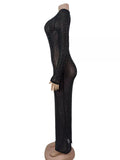 Sheer Mesh Rhinestone Long Sleeve Evening Dress
