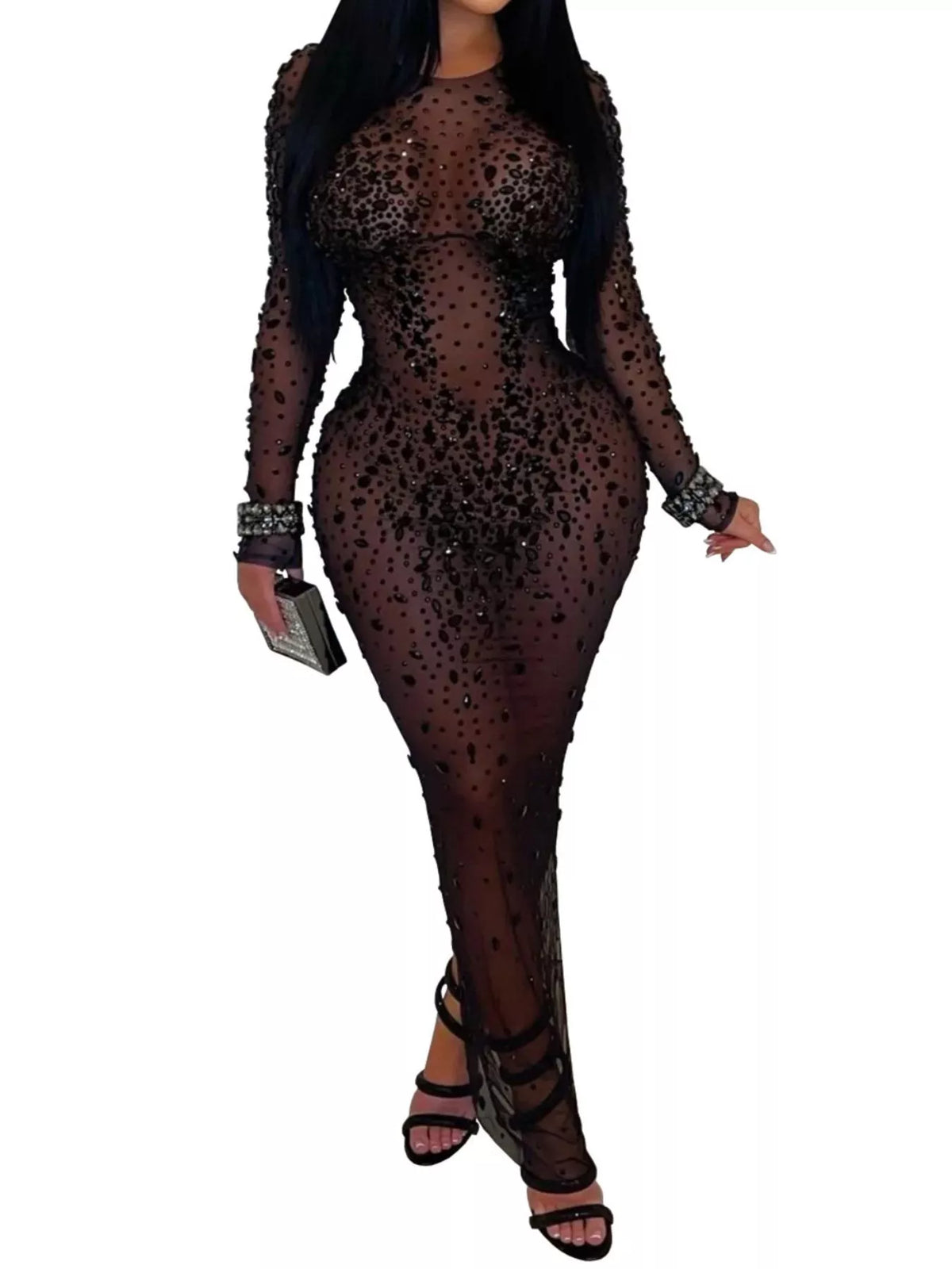 Sheer Mesh Rhinestone Long Sleeve Evening Dress