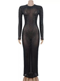 Sheer Mesh Rhinestone Long Sleeve Evening Dress