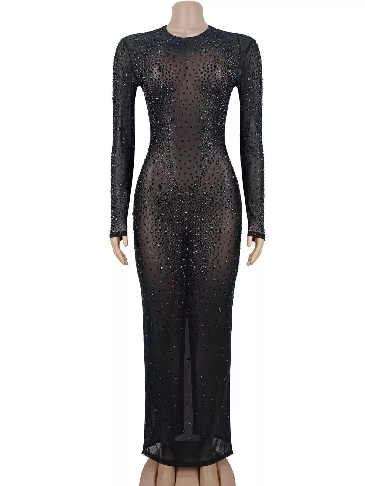 Sheer Mesh Rhinestone Long Sleeve Evening Dress