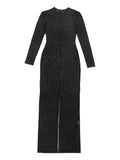 Sheer Mesh Rhinestone Long Sleeve Evening Dress
