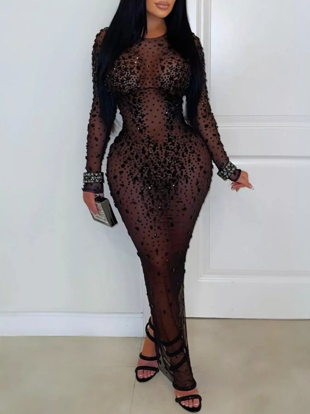Sheer Mesh Rhinestone Long Sleeve Evening Dress Black / S