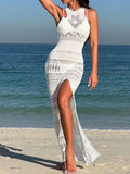Sleeveless Crochet Split Beach Cover-Up Maxi Dress