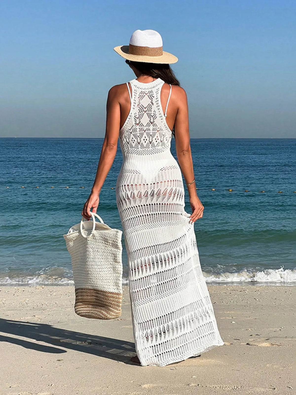 Sleeveless Crochet Split Beach Cover-Up Maxi Dress White / S
