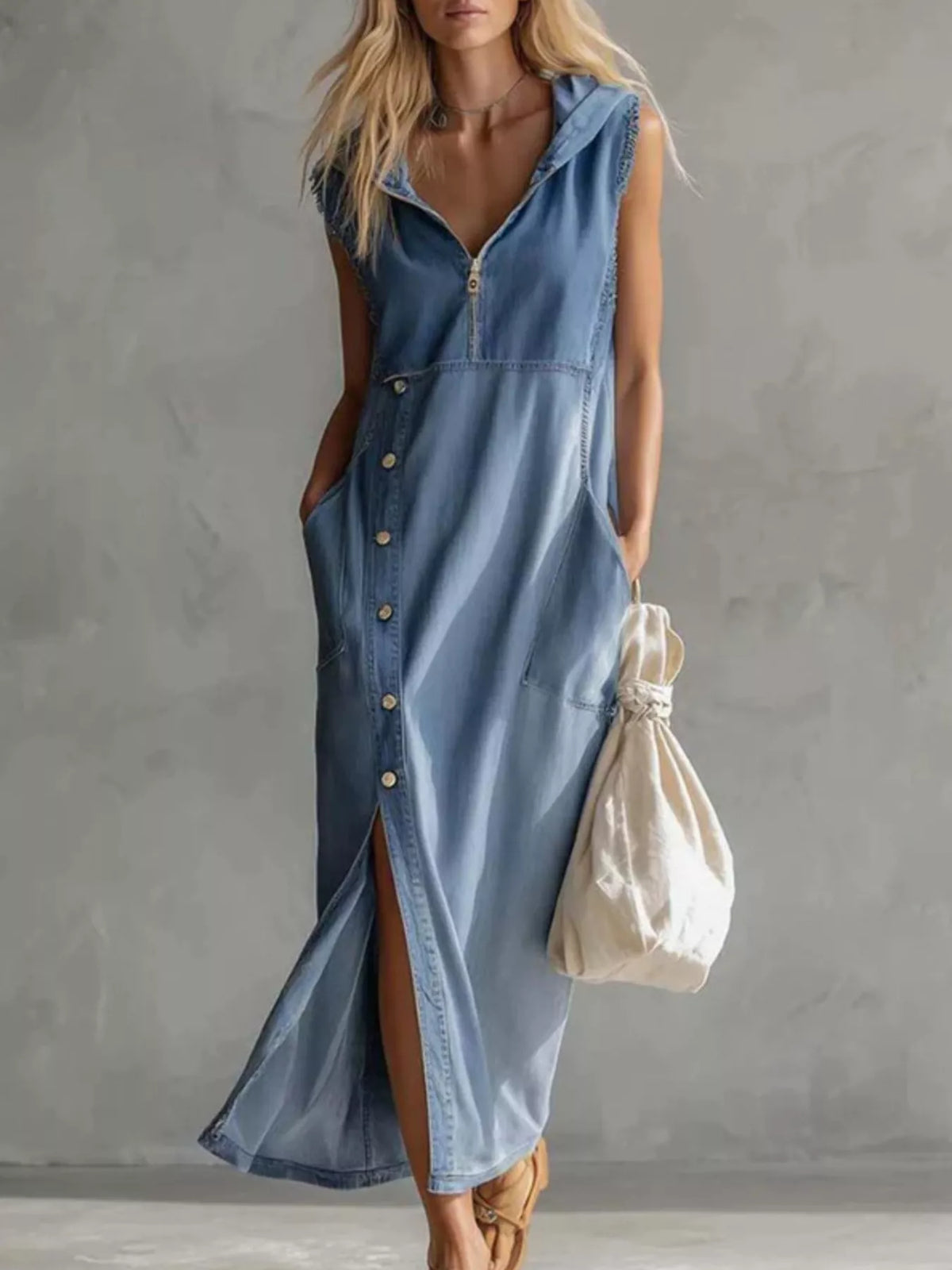 Sleeveless Hooded Denim Maxi Dress Blue / S