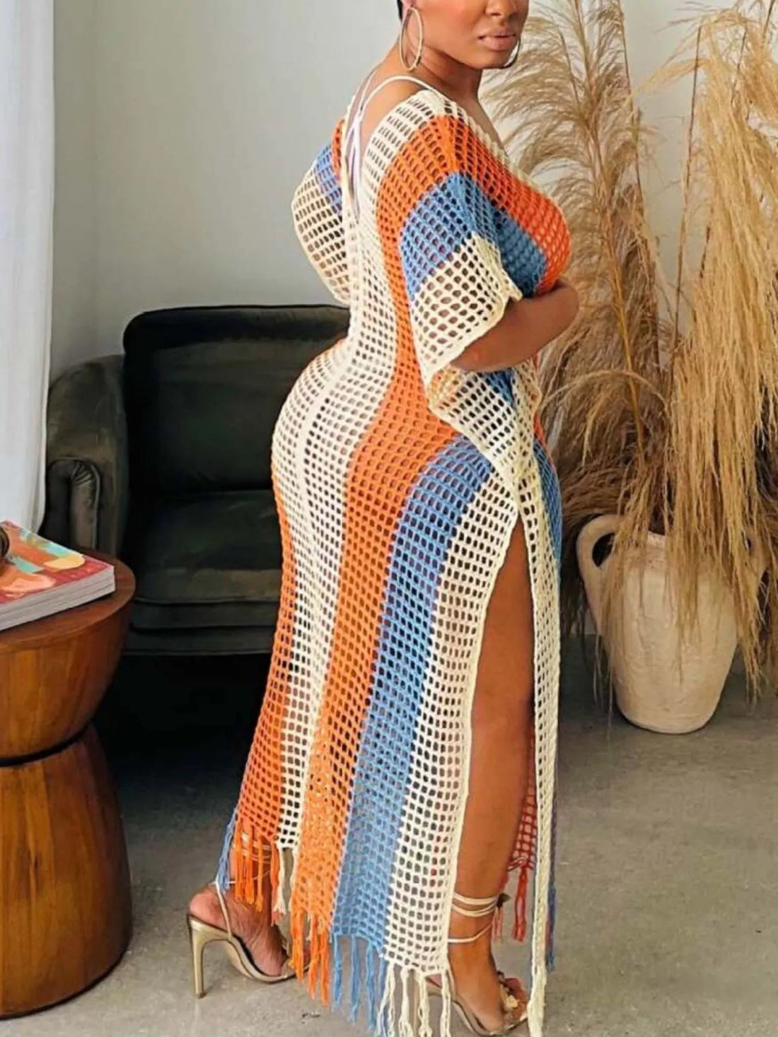 Striped Crochet Fringe Beach Cover-Up Midi Dress Sherbet / S