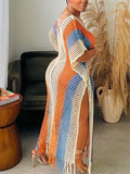 Striped Crochet Fringe Beach Cover-Up Midi Dress