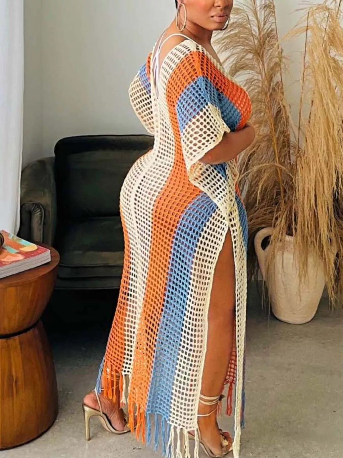 Striped Crochet Fringe Beach Cover-Up Midi Dress
