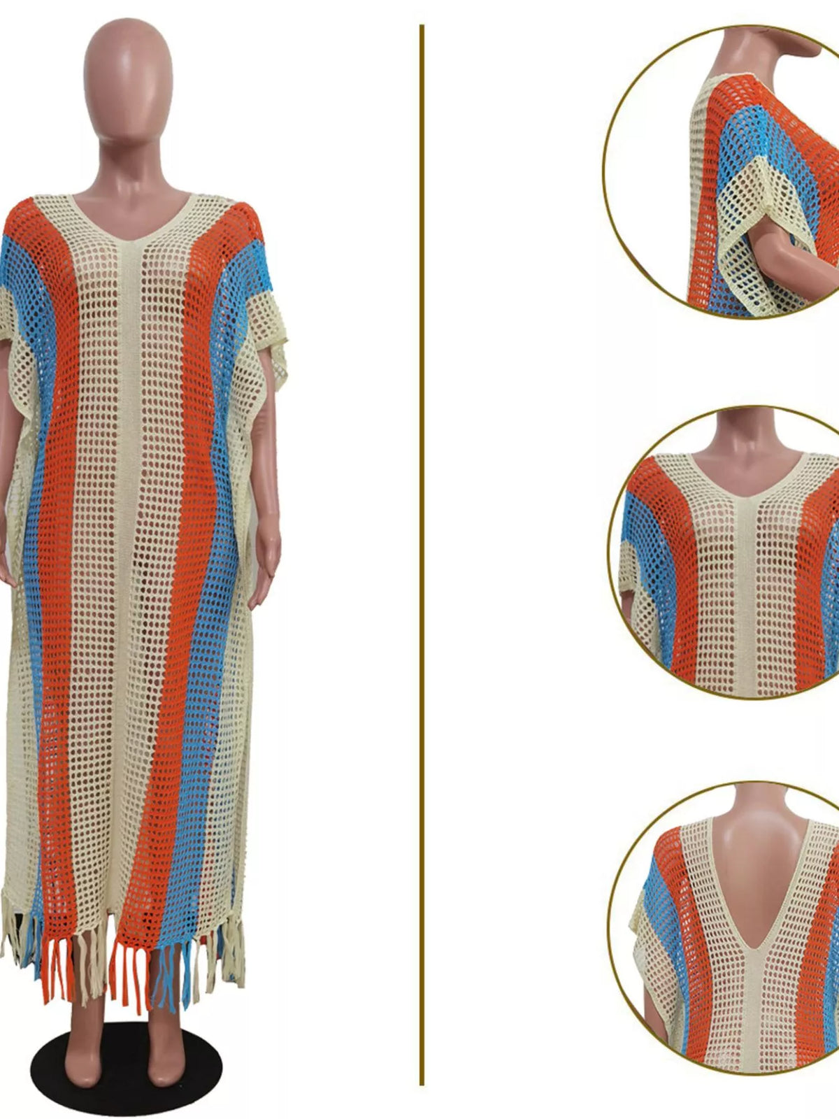 Striped Crochet Fringe Beach Cover-Up Midi Dress